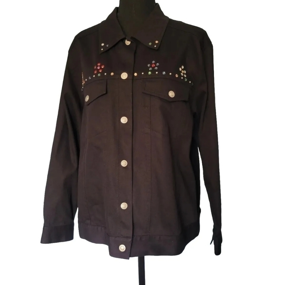 Vntg 90's Women's Carole Little Bedazzled Trucker Black Jacket Size 14